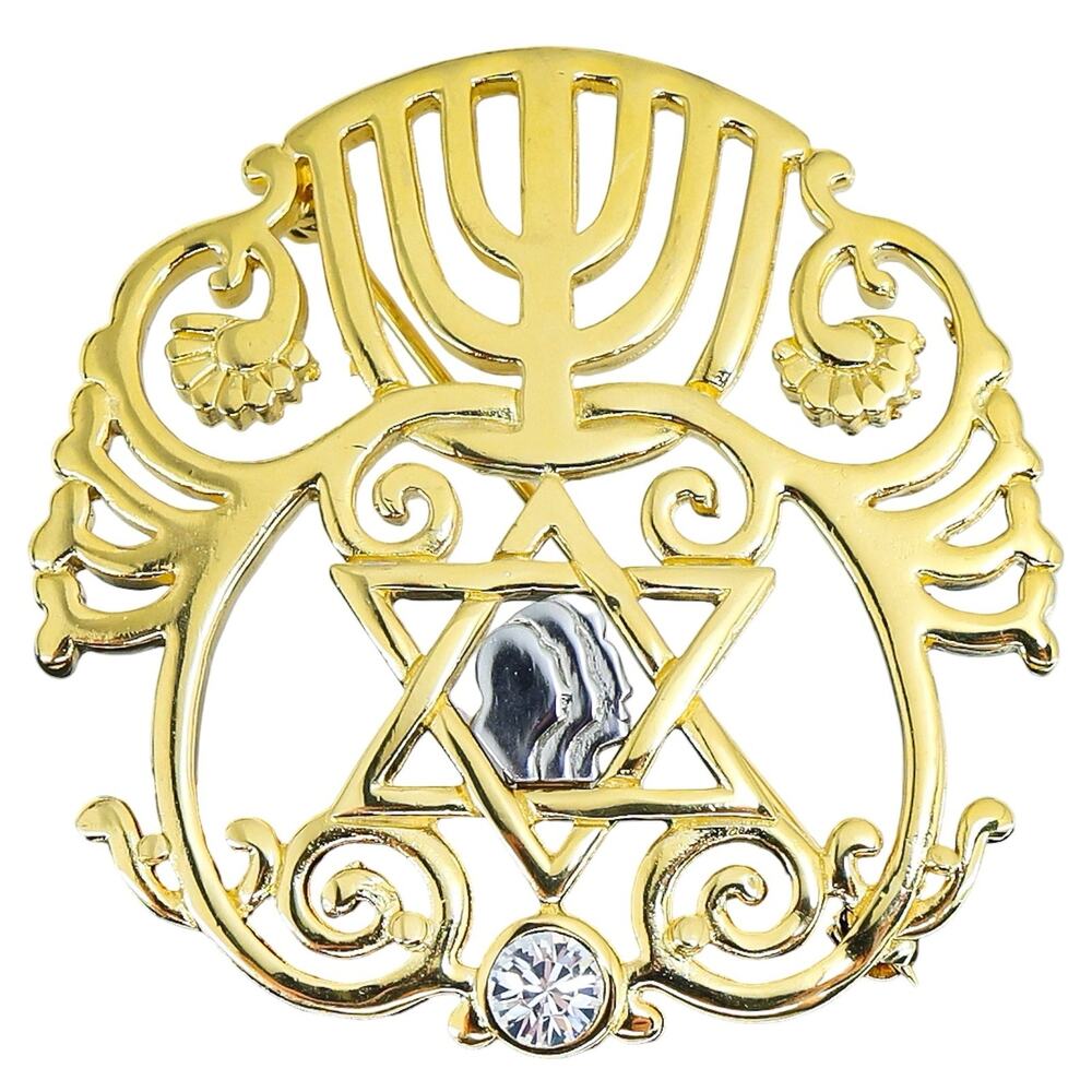 Michal Porat 2010 Large Gold Tone Judaica Brooch Menorah Star of David 2 7/8 in